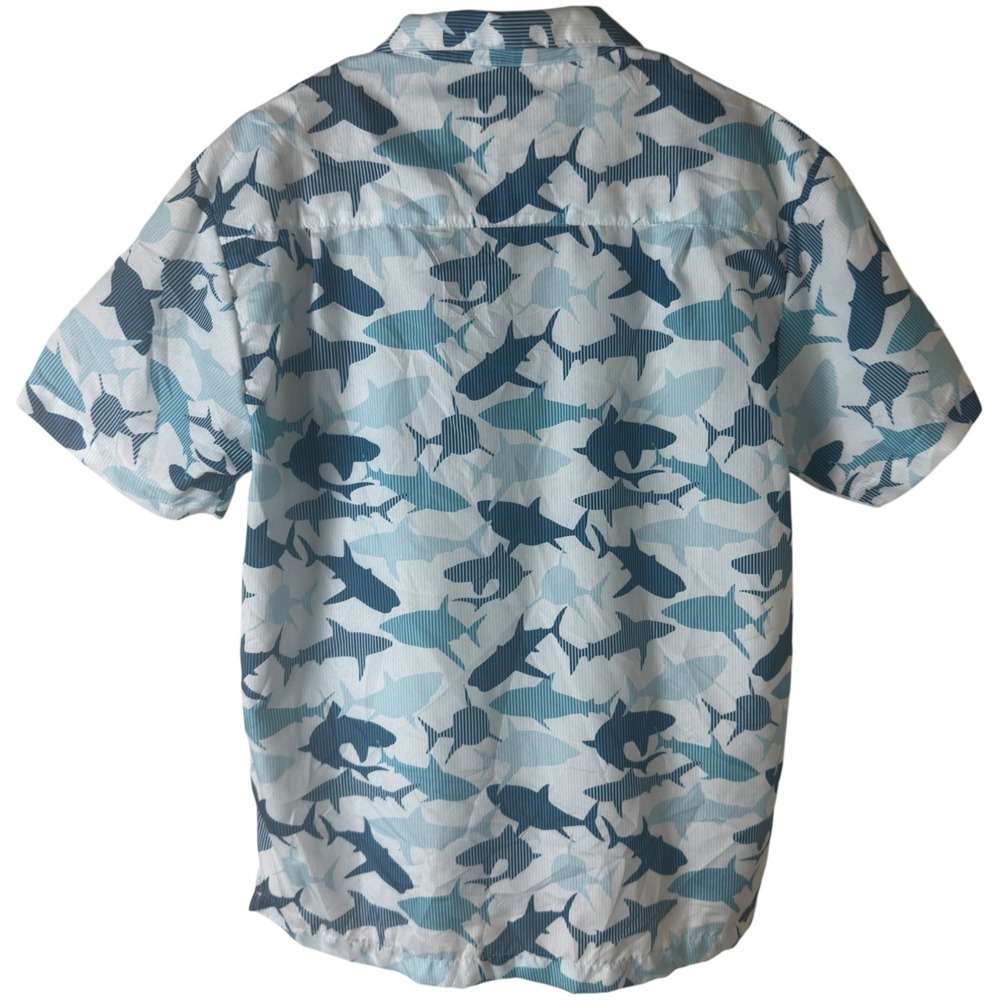 Sun Surfer Shark Hawaiian Button Down Shirt Blue White Mens Medium Beach Summer - Picture 2 of 7